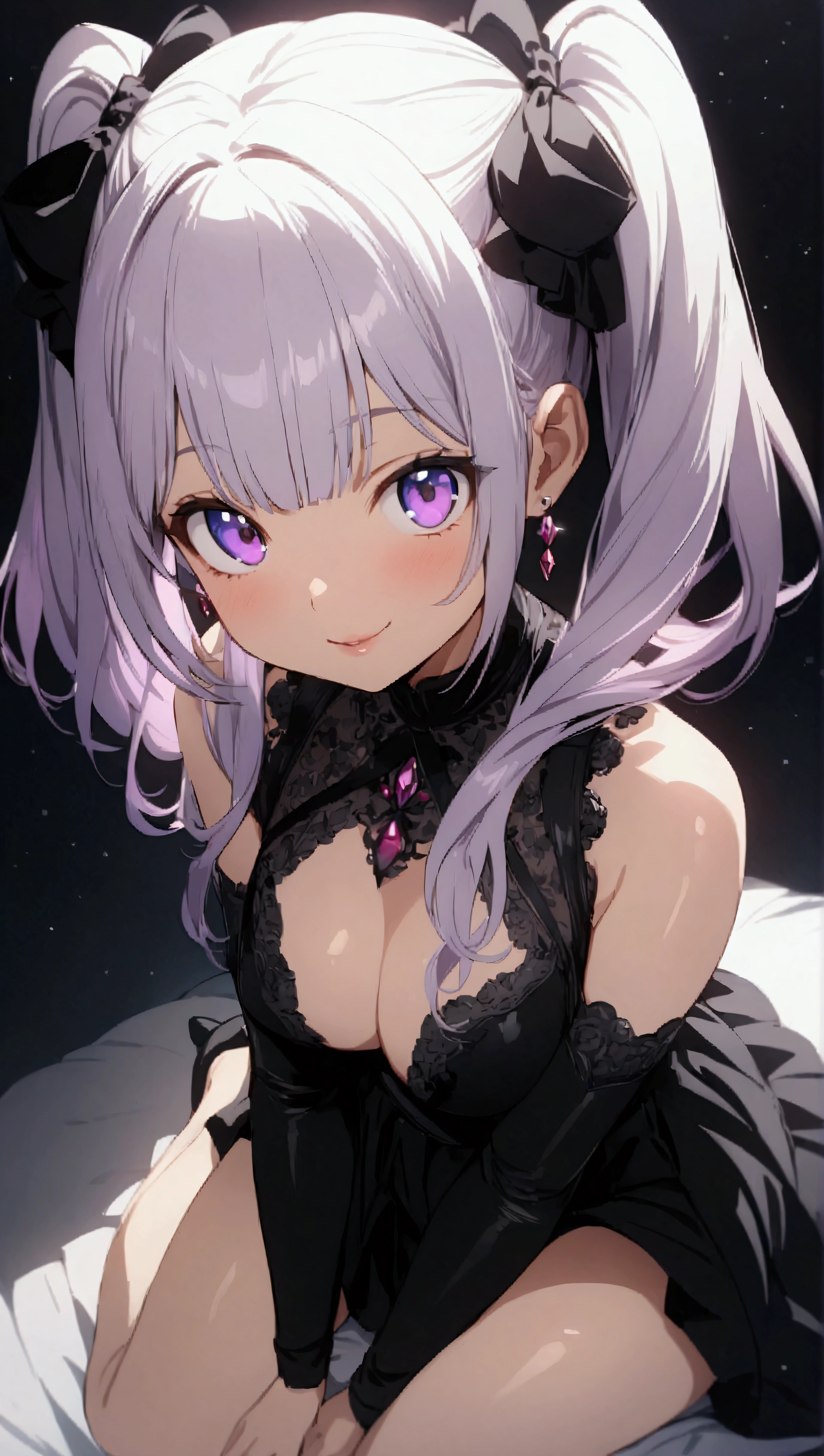 (Highest quality:1.2, 4K, 8k, Studio Anime, Very detailed, up to date, Vibrant, Attention to detail, High Contrast, masterpiece:1.2, Highest quality, Best aesthetics), (((1 girl))), Sit and pose, Light purple hair,Twin tails、Large, round eyes、 Open your mouth a little:1.2, smile, Dynamic Angle, look up:1.3, Friendly atmosphere, Beautiful Hair, Shiny Hair, Beautiful Skin, Detailed face and eyes, Glossy Lips, Curvy Women, Striking contrast,