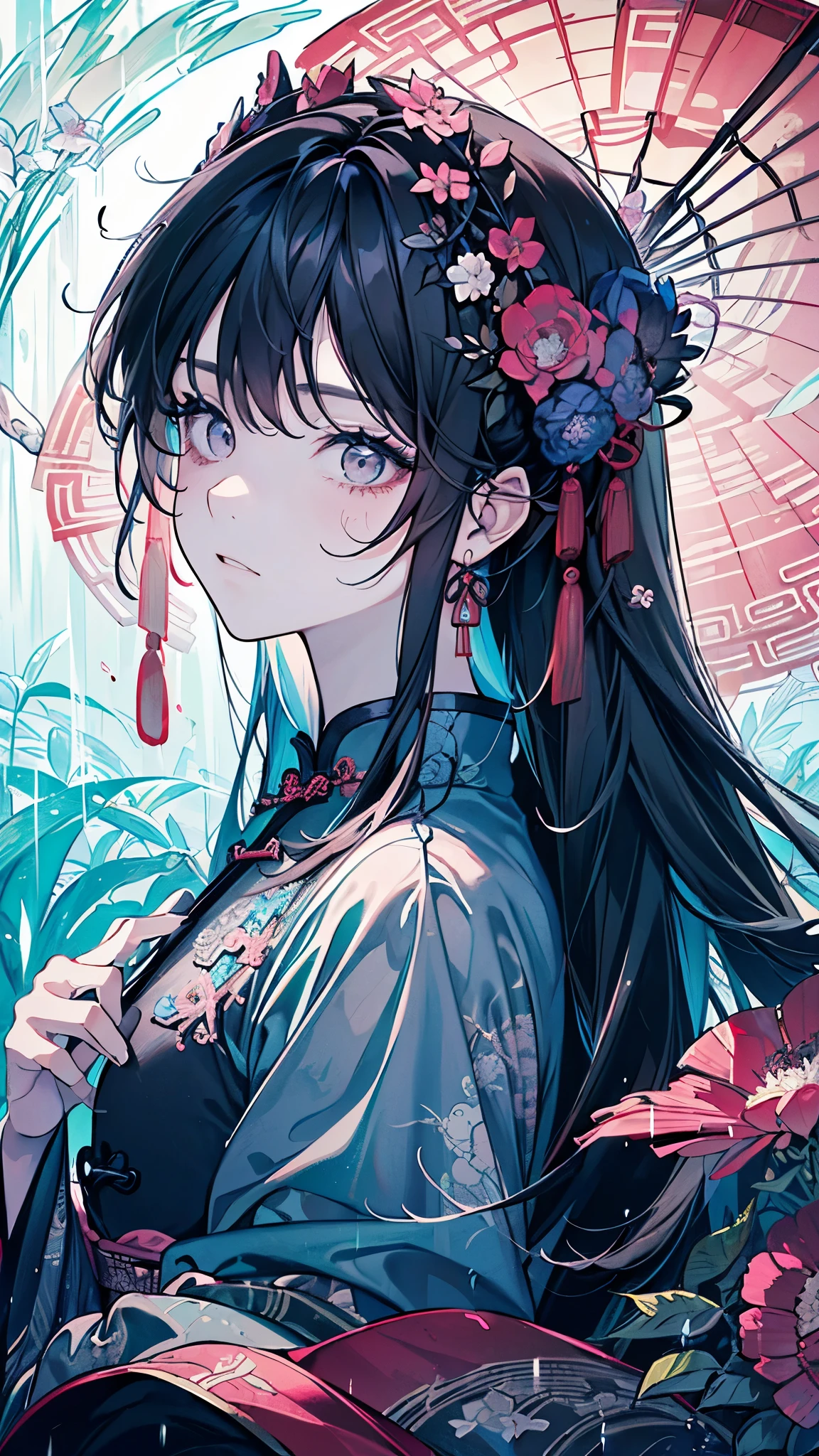 ((Girl)),(Black Hair:1.3),(Long hair:1.3),(Chinese single layer clothing:1.45),(blue、Pink and gray),Close-up of face:1.0,(rain:1.2),(Spider lilies々:1.2),(calm countenance:1.2),(Japanese umbrella:1.3),((high quality:1.2)),((Beautiful images:1.2)),((Perfect graphics:1.2))