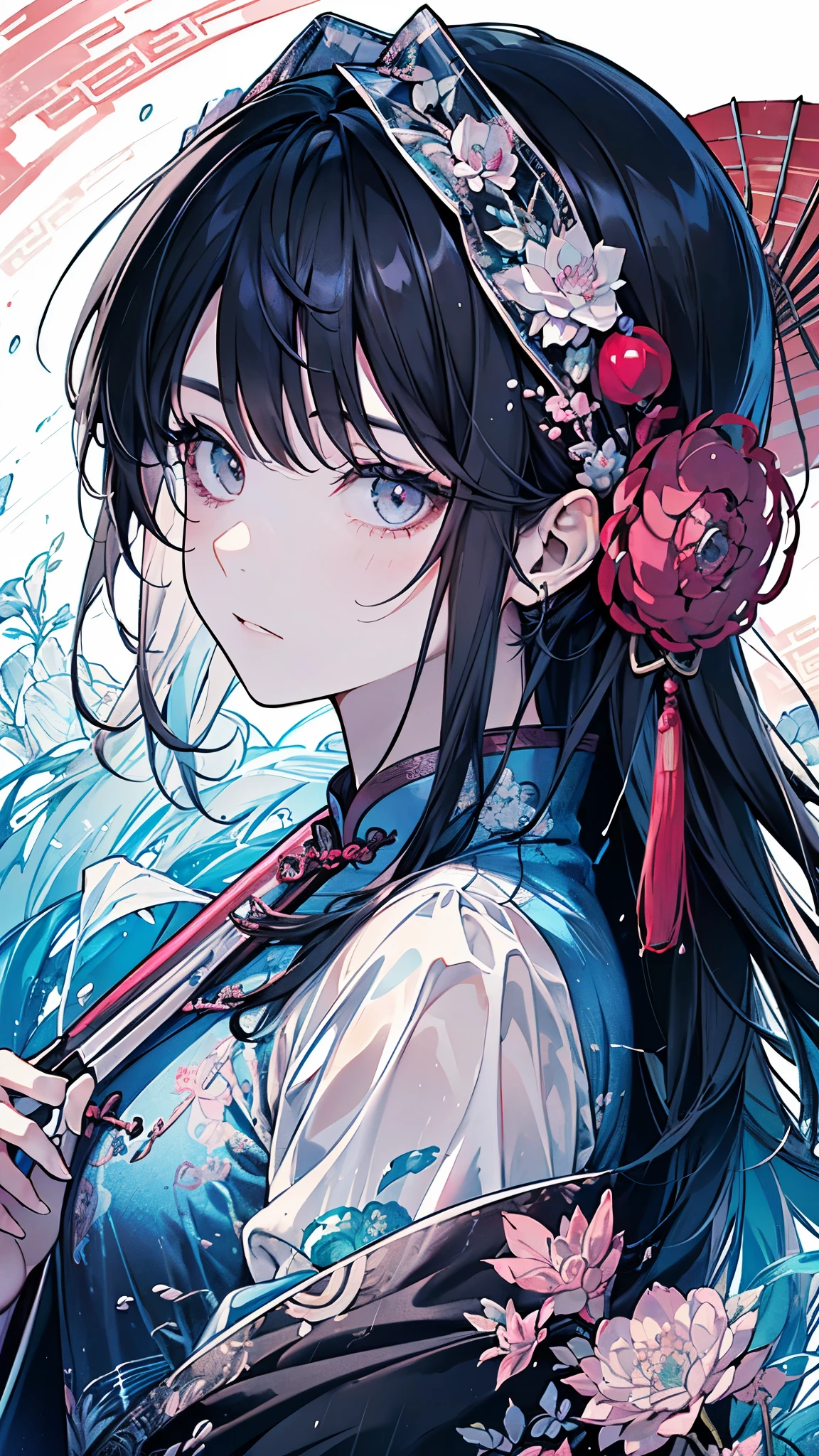 ((Girl)),(Black Hair:1.3),(Long hair:1.3),(Chinese single layer clothing:1.45),(blue、Pink and gray),Close-up of face:1.0,(rain:1.2),(Spider lilies々:1.2),(calm countenance:1.2),(Japanese umbrella:1.3),((high quality:1.2)),((Beautiful images:1.2)),((Perfect graphics:1.2))