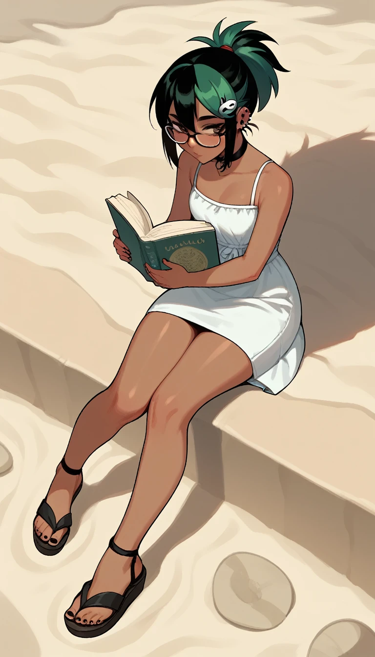 bright green hair, and a ponytail, beach, tropical, sitting in shade, glasses, character full body portrait, full body, a character portrait, reading book, teen female emo art student, white ????????, black hair pins, dark skin, full body character portrait, inspired by Eiichiro Oda, sandals,