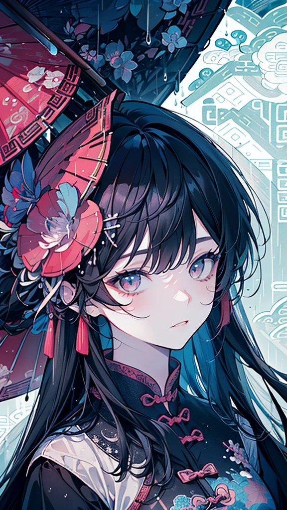 ((Girl)),(Black Hair:1.3),(Long hair:1.3),(Chinese single layer clothing:1.45),(blue、Pink and gray),Close-up of face:1.0,(rain:1.2),(Spider lilies々:1.2),(calm countenance:1.2),(Japanese umbrella:1.3),((high quality:1.2)),((Beautiful images:1.2)),((Perfect graphics:1.2))