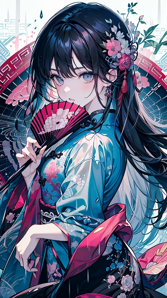 ((Girl)),(Black Hair:1.3),(Long hair:1.3),(Chinese single layer clothing:1.45),(blue、Pink and gray),Close-up of face:1.0,(rain:1.2),(Spider lilies々:1.2),(calm countenance:1.2),(Japanese umbrella:1.3),((high quality:1.2)),((Beautiful images:1.2)),((Perfect graphics:1.2))