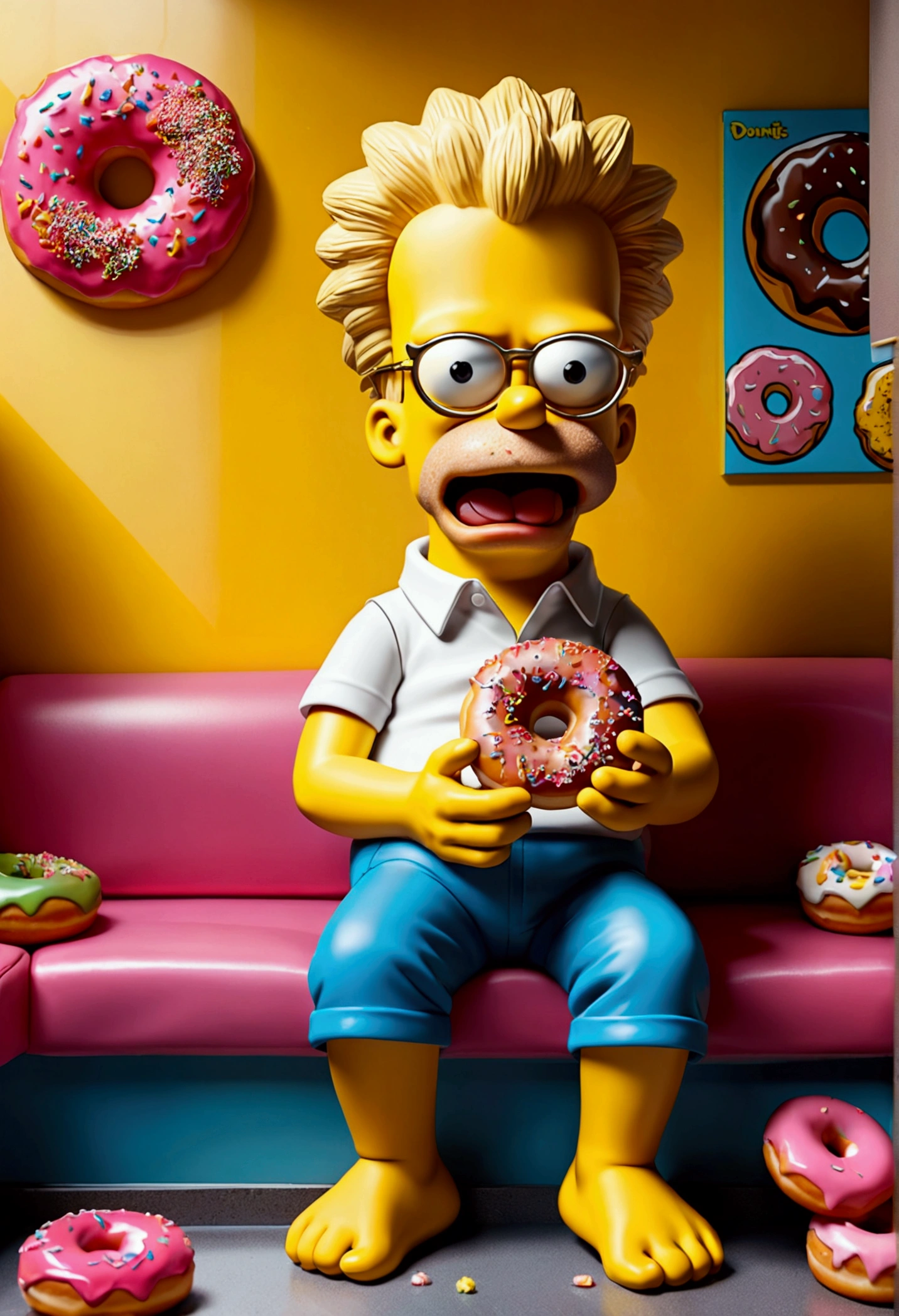 Eating Donuts, Bart Simpson, full body, cinematic still, (best quality, masterpiece, photorealistic), very aesthetic, perfect composition, intricate details, ultra-detailed, vivid colors