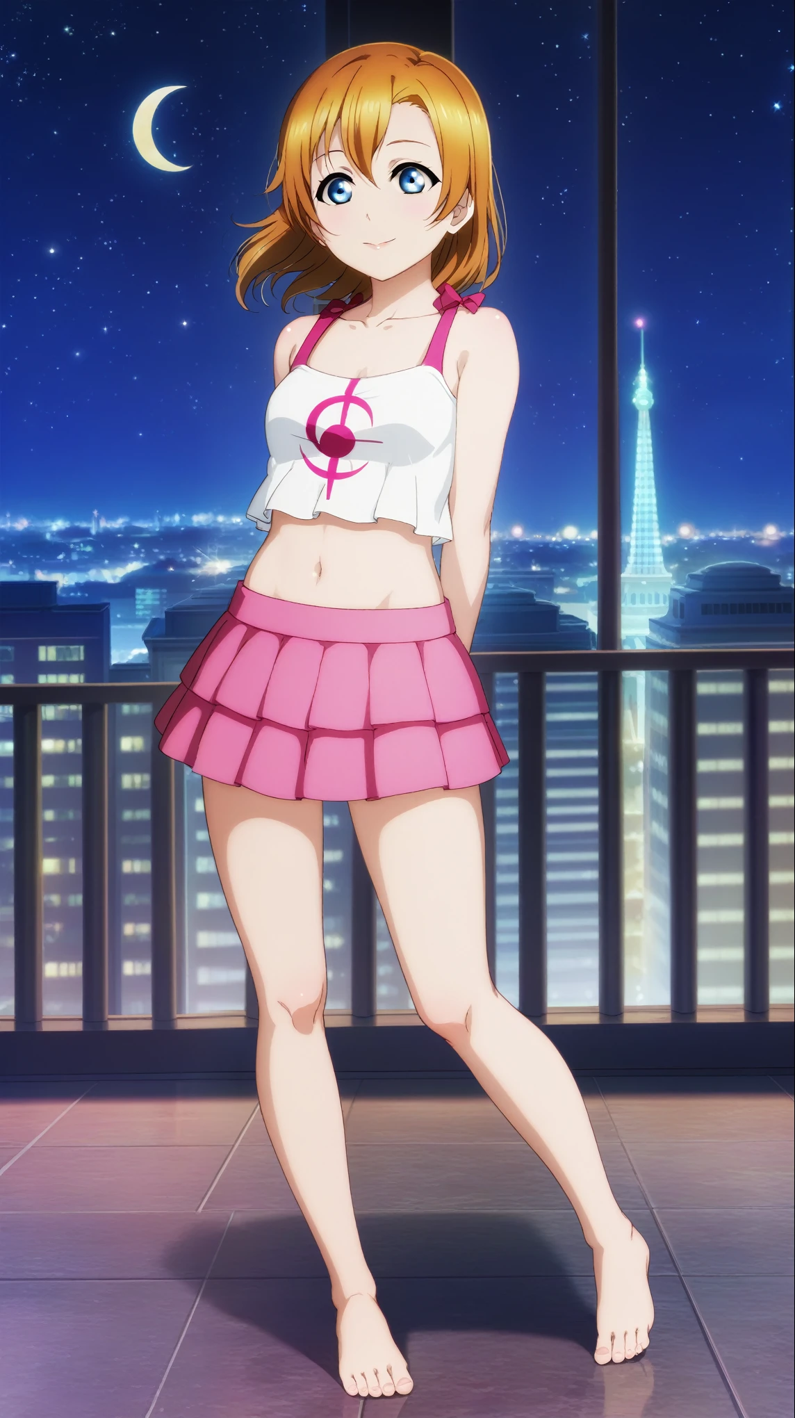 Masterpiece, anime cg,alp artstyle,best quality,4k, background,Mosque, big crescent, bright stars in the sky, at night,Ultra detail hair, ultra detail face , blue eyes , kousaka honoka, blue eyes, pink mini-skirt, crop top,thin top straps, collarbone, barefoot ,standing ,arms behind back,city , full body