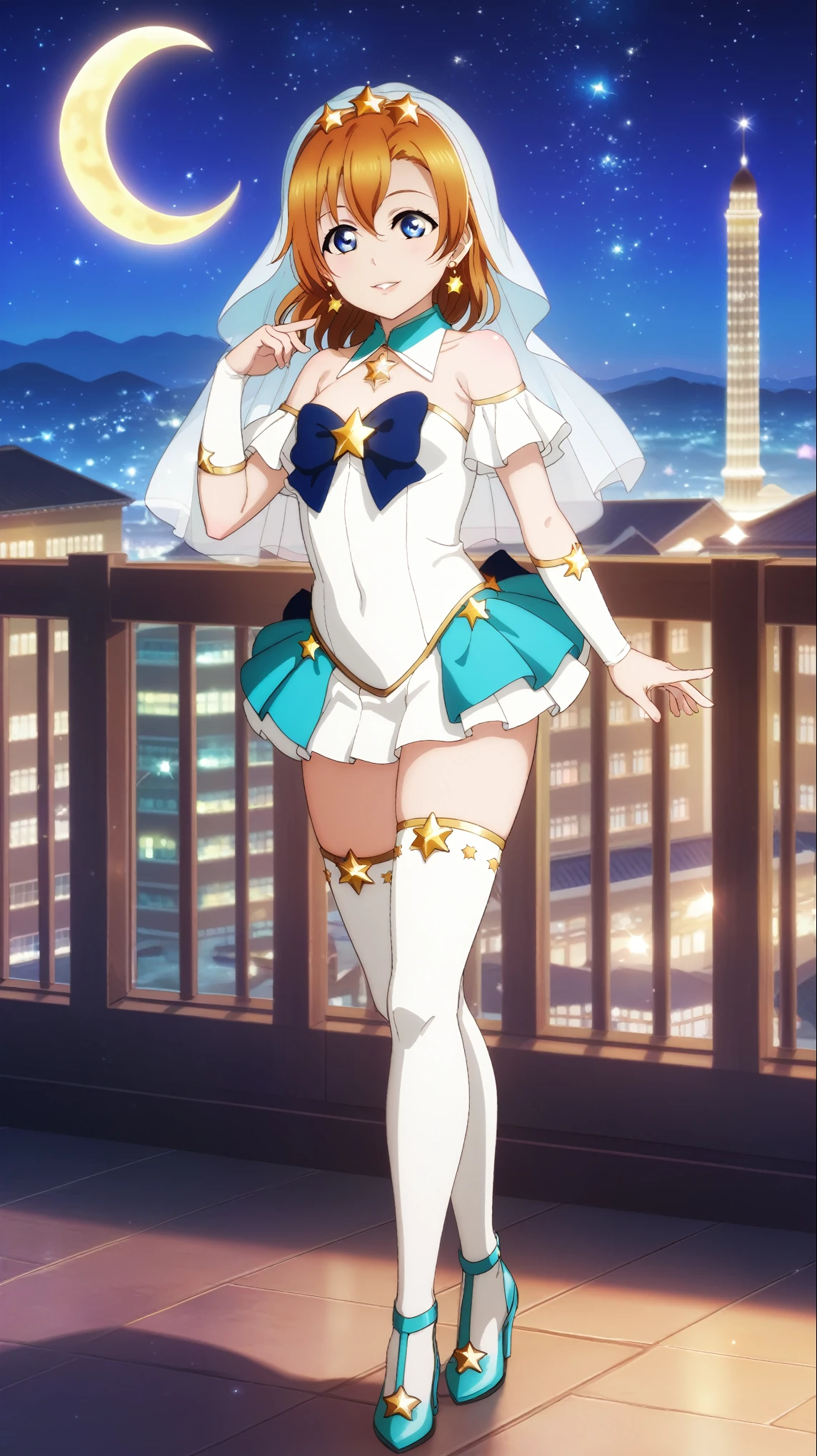 Masterpiece, anime cg,alp artstyle,best quality,4k, background,Mosque, big crescent, bright stars in the sky, at night,Ultra detail hair, ultra detail face , blue eyes , kousaka honoka, blue eyes, (white and blue leotard), magical girl ,star glasses, earrings, thighhighs,mini skirt, side slit ,standing ,city , full body