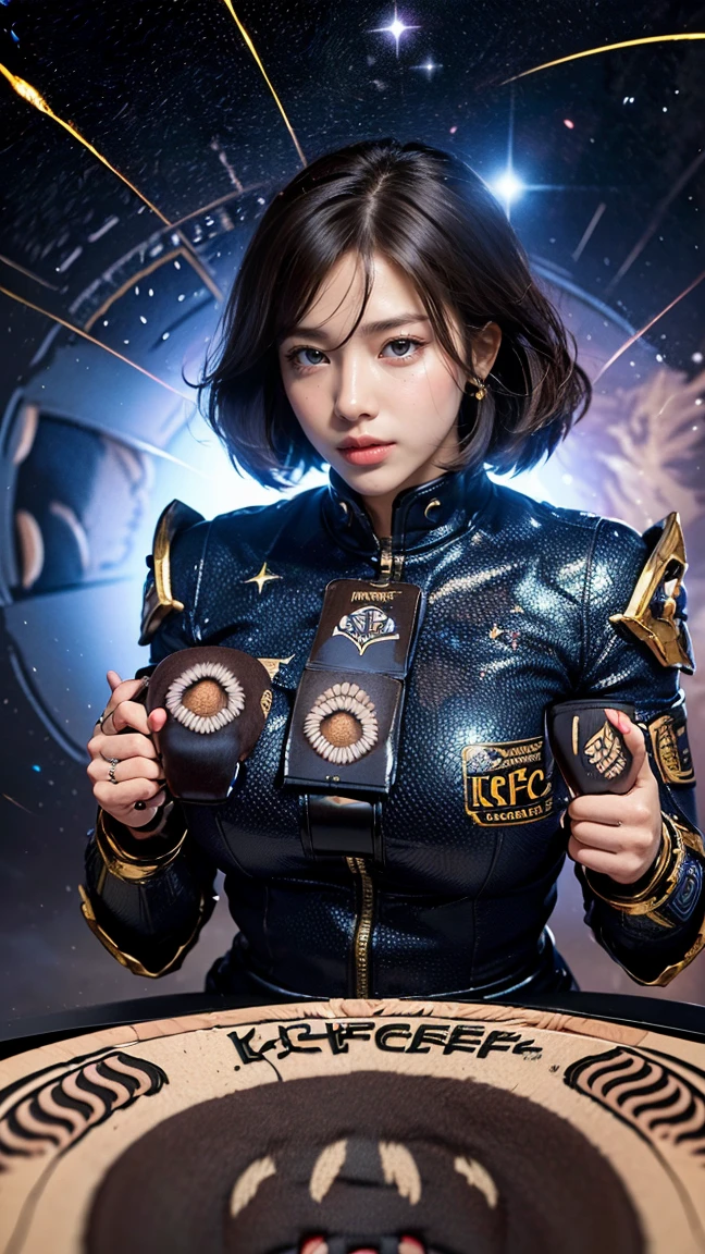 Draw Vi in her new 'Galactic Guardian' skin,(massive k-cups:1.88),She wearing an elaborate, space-themed suit with starry patterns and glowing cosmic elements. Vi is in the midst of using her 'Power Ball' ability, with her gauntlets surrounded by swirling cosmic energy and a trail of stars following her as she charges forward with immense force.