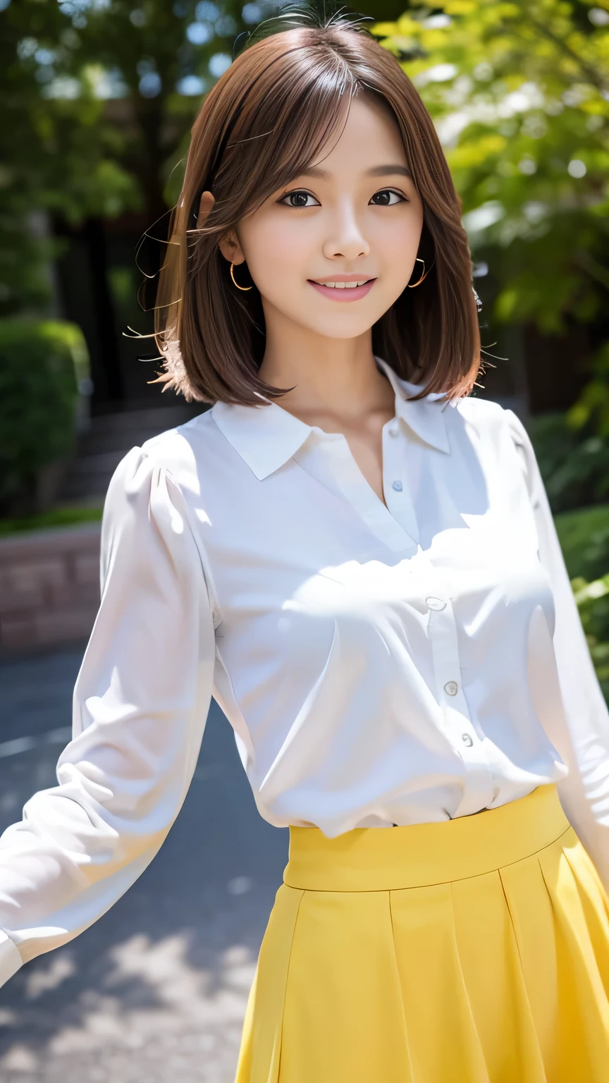 (8k, Highest quality, High resolution, A masterpiece, Bright lighting, Smooth Professional Lighting, Face Light, Childish face, 12 years old, Small breasts, A careful balance, looking at the camera, Big eyes, Symmetrical eyes, smile showing teeth, smile, Realistic Skin, Moisturized Skin, Perfect model body shape, Realistic, RAW Photos, Japanese Girls, So cute, Upper body image, Front pose), Pink medium hair, (fashion (White blouse, Cute yellow, Blue Skirt))