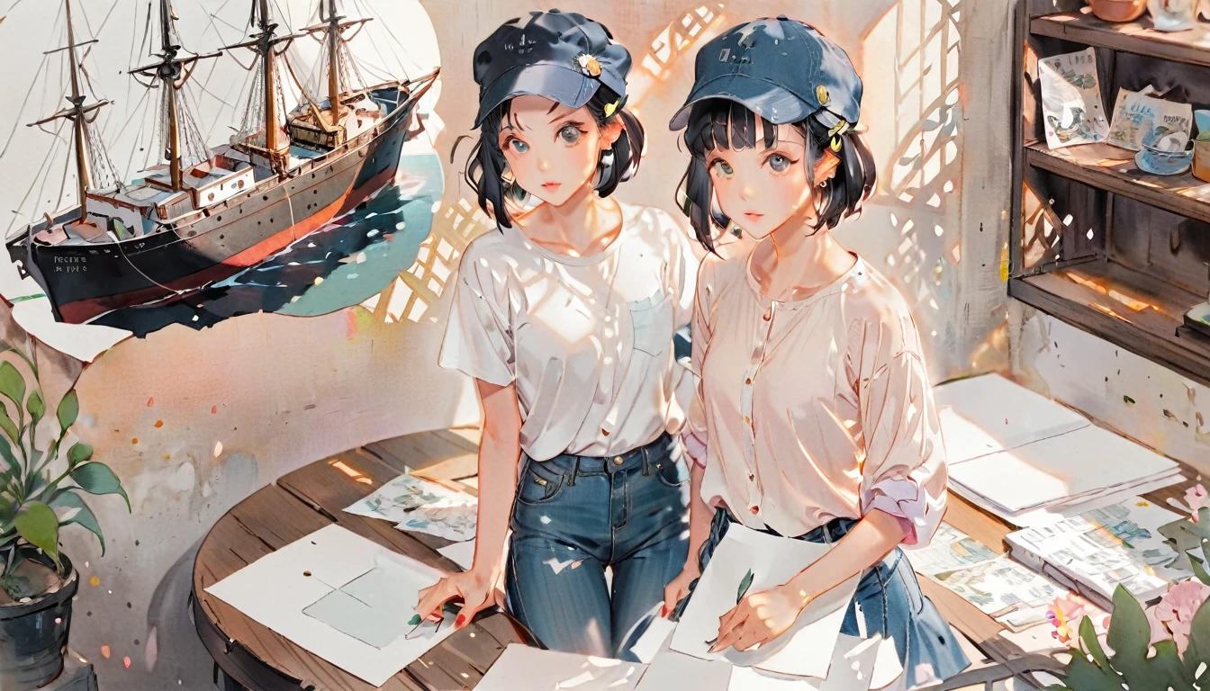 (((How to cut paper))), 1 girl, Short black hair, cap, Shirts and denim, portfolio, Ports and ships