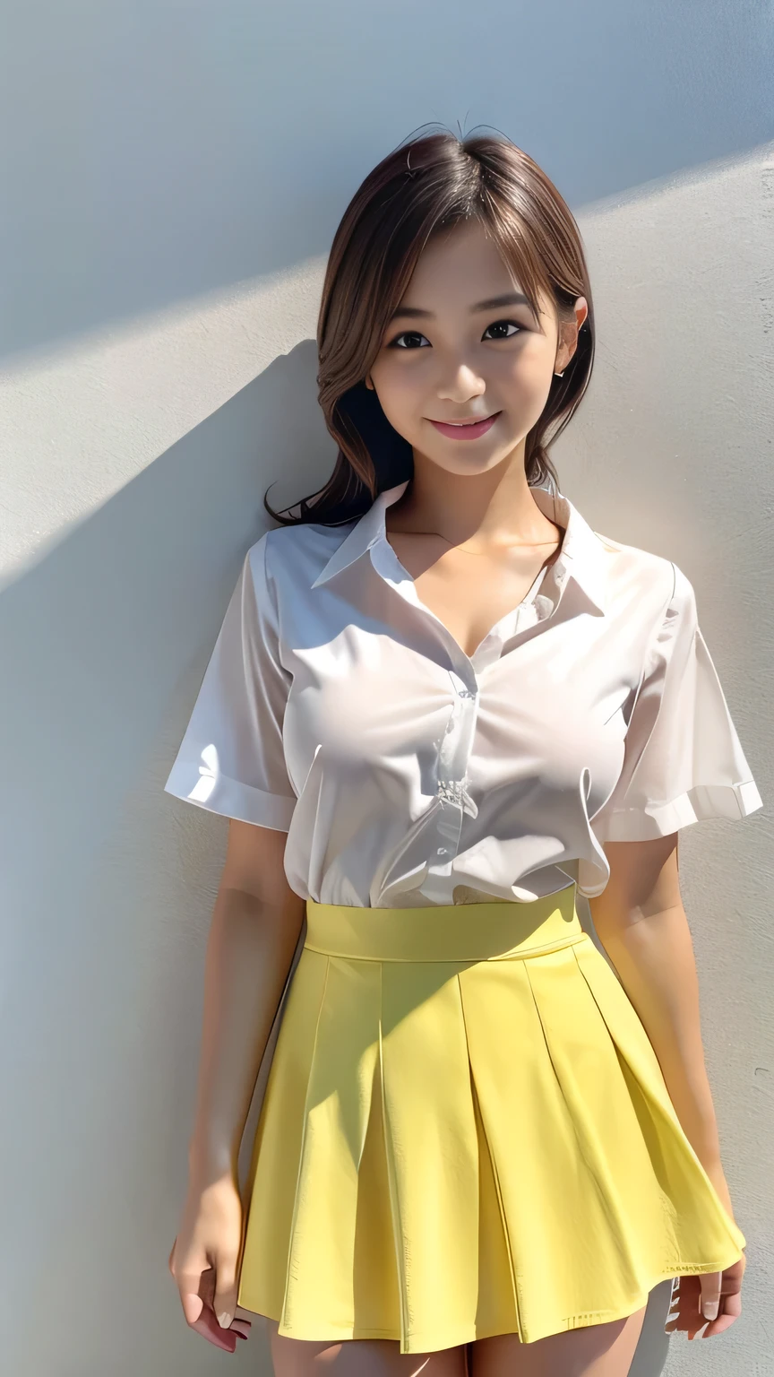 (8k, Highest quality, High resolution, A masterpiece, Bright lighting, Smooth Professional Lighting, Face Light, Childish face, 12 years old, Small breasts, A careful balance, looking at the camera, Big eyes, Symmetrical eyes, smile showing teeth, smile, Realistic Skin, Moisturized Skin, Perfect model body shape, Realistic, RAW Photos, Japanese Girls, So cute, Upper body image, Front pose), Pink medium hair, (fashion (White blouse, Cute yellow, Blue Skirt))