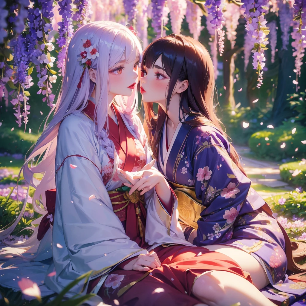 portrait of 1 beautiful woman in the wisteria forest wavy hair, pale skin, makeup, red lips, sitting, kissing flowers, , kimono, hanfu, floral print, (Beautifully Aesthetic:1.2),field, wisteria, peace, tranquility, serenity, petals