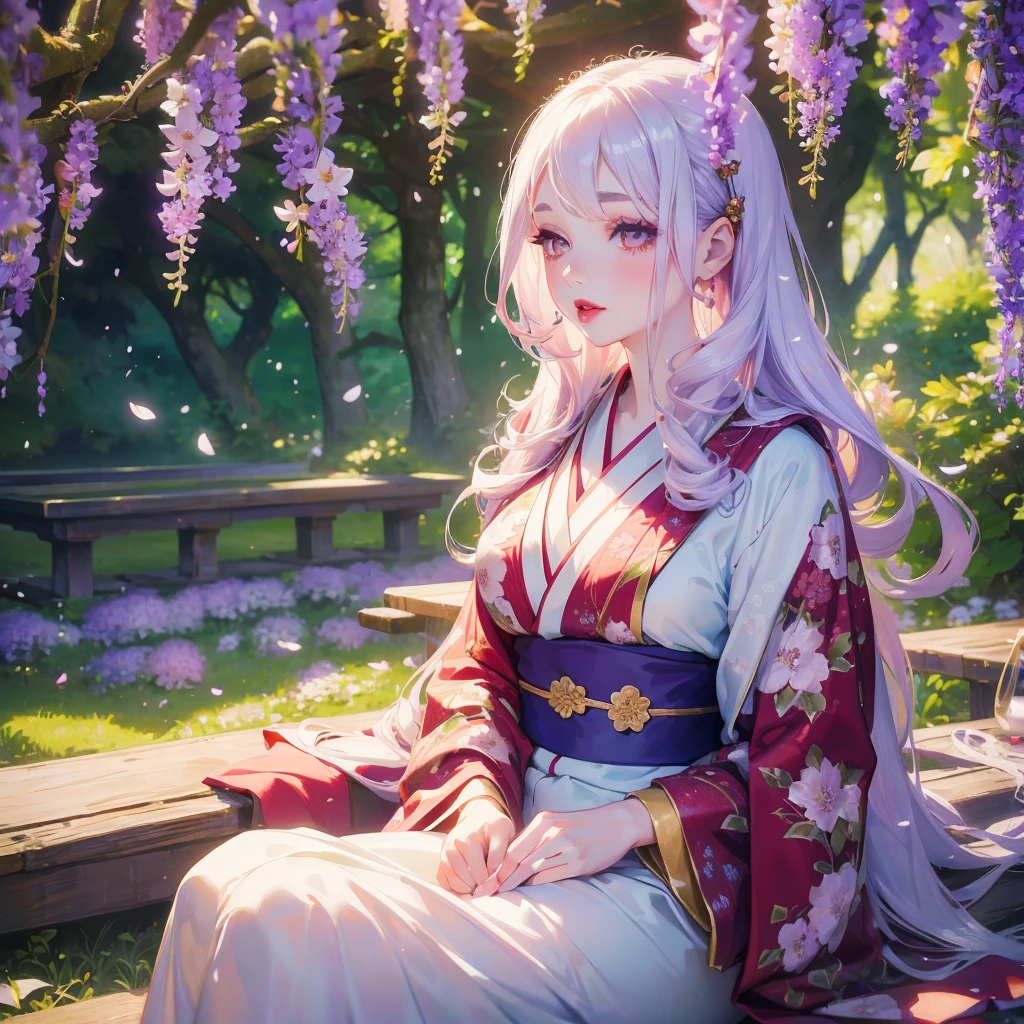 portrait of 1 beautiful woman in the wisteria forest wavy hair, pale skin, makeup, red lips, sitting, kissing flowers, , kimono, hanfu, floral print, (Beautifully Aesthetic:1.2),field, wisteria, peace, tranquility, serenity, petals