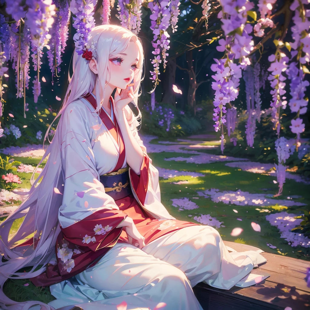 portrait of 1 beautiful woman in the wisteria forest wavy hair, pale skin, makeup, red lips, sitting, kissing flowers, , kimono, hanfu, floral print, (Beautifully Aesthetic:1.2),field, wisteria, peace, tranquility, serenity, petals