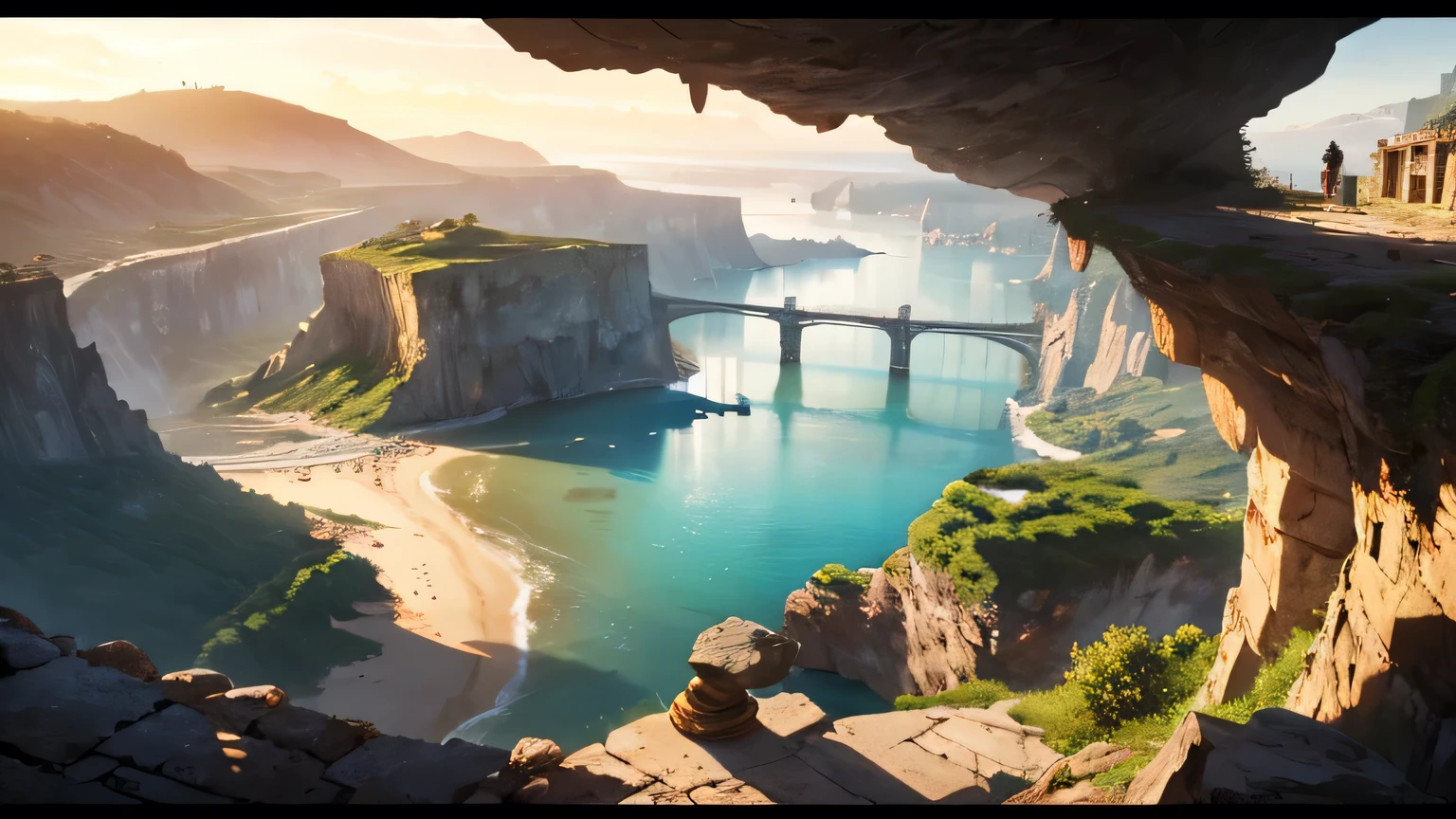middle ages風、beach、high resolution、8k、Fantasy World、Volumetric lighting、Realistic、Cinema Lighting、cave、City on the cliff、Steampunk World、middle ages、Sunset、Warm lighting、stone bridge、