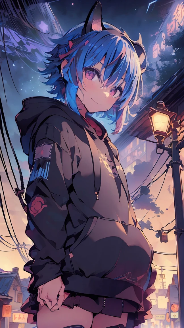 masterpiece, Highest quality, High resolution, Very detailed,(((Cat ears Mikoto))), (((Town)))、(((electric wire)))、(((smile)))、(((Standing in the distance))), (((Wearing a black hoodie。))), Electric pole, night, (((Starry Sky))), (((comet)))