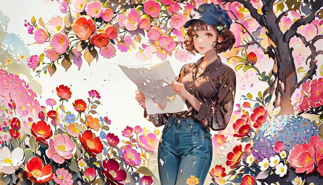(((How to cut paper))), 1 girl, Short brown curly hair, cap, Shirts and denim, portfolio, wealthy, Blooming Garden