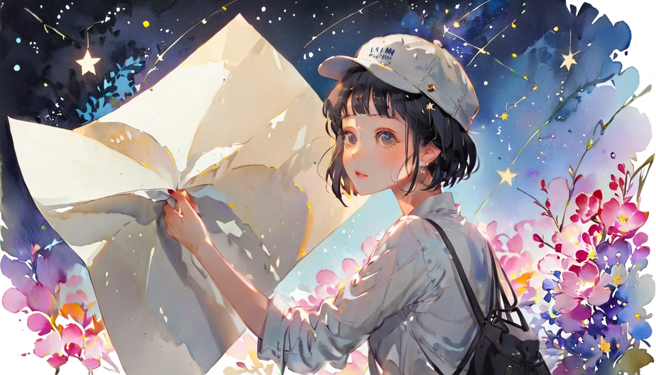 (((How to cut paper))), 1 girl, short black hair, cap, Shirts and denim, portfolio, Gazing at the starry sky