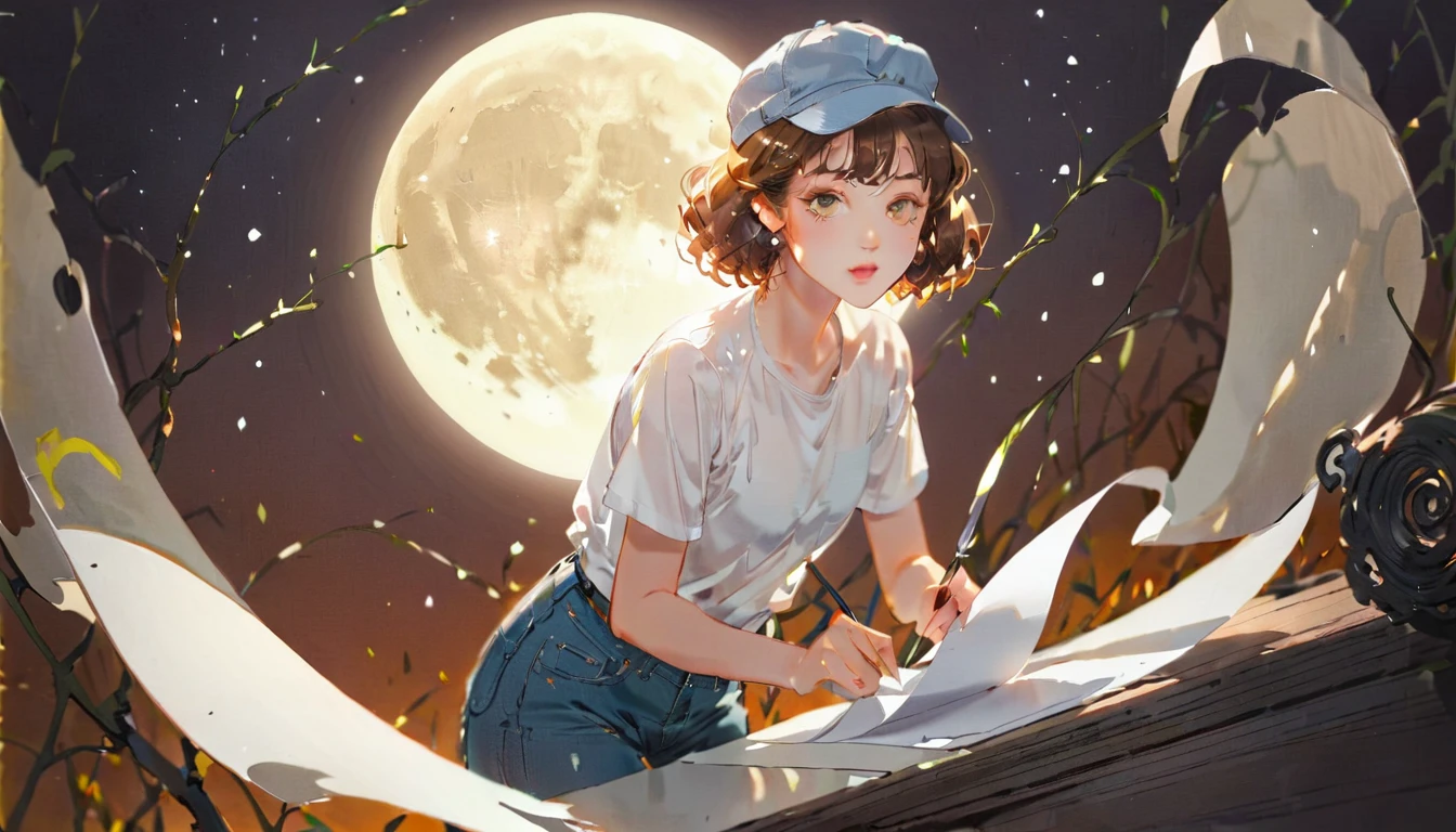 (((How to cut paper))), 1 girl, Short brown curly hair, cap, Shirts and denim, portfolio, A huge full moon lights up the background