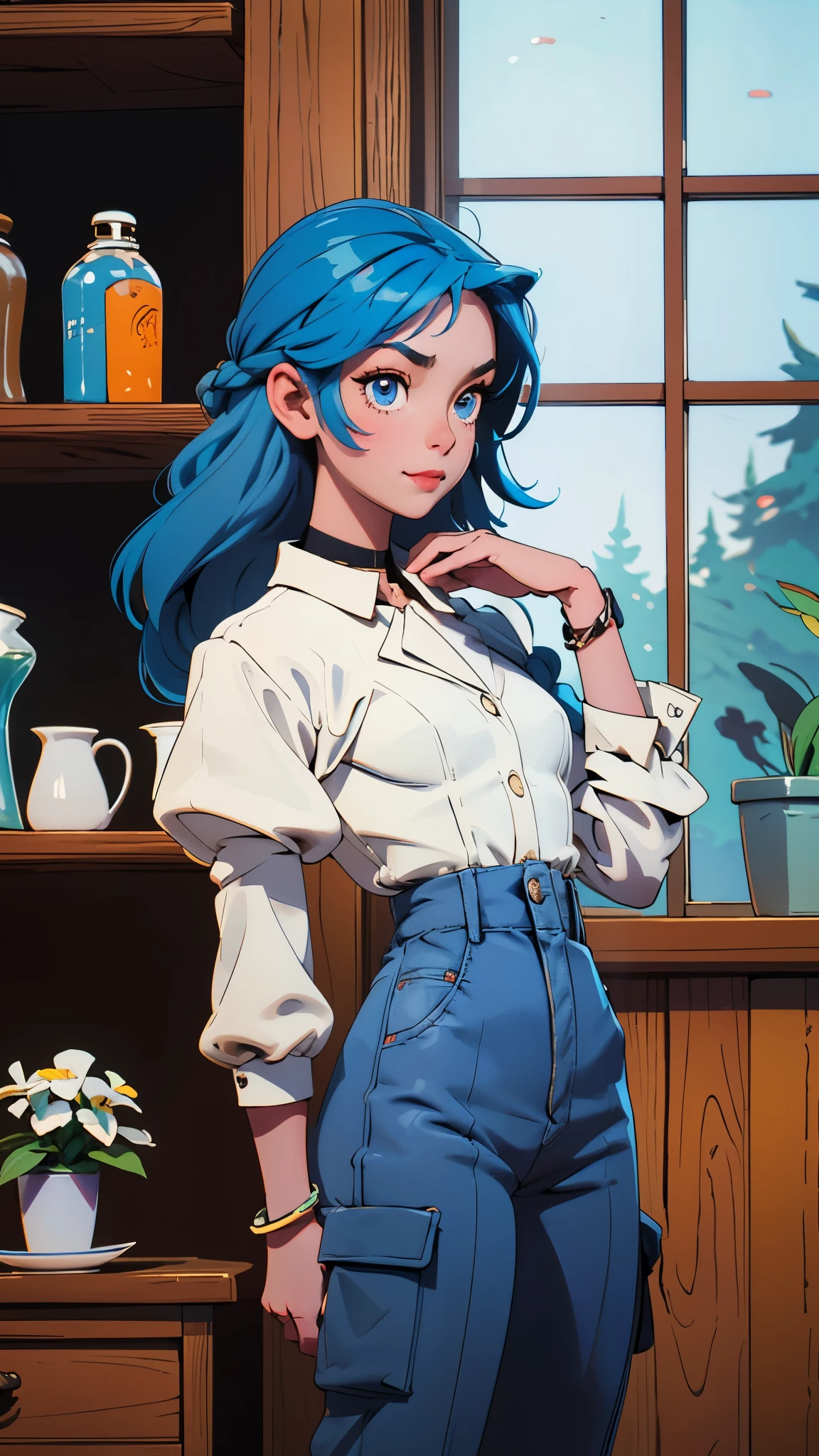 Hair Color is Periwinkle blue
Hair Style is Short with a slight wave, tied into a small side braid on the left side. A small strand of hair gently falls over her forehead.
Eye Details are Large, expressive eyes with star-shaped constellations visible in the irises, giving a magical and captivating look.
Skin Tone is Fair and smooth.

Top is A white, short-sleeved button-up shirt with the sleeves rolled up. The shirt is slightly cropped, revealing a bit of her midriff. She wears a black corset-like accessory over the shirt, which adds a stylish touch.
Bottoms are White, high-waisted cargo pants with pockets on the sides. The pants are slightly baggy, giving a relaxed and trendy look.
Footwear is White, platform sneakers that add a bit of height and complete the outfit.
Accessories are Multiple silver bracelets and chains on both wrists, adding a bit of sparkle and edginess.
A black necktie, loosely worn around the collar of her shirt.
Small star-shaped hair clips on the right side of her hair.

Background is The character is standing inside a modern, cozy café with large glass windows. Outside the windows, there is a scenic view of a field with blooming flowers and a few trees. The café interior features wooden floors and walls with plants and small shelves with potted plants and decorative items.

Pose is The character is smiling warmly, with both hands slightly raised in front of her, palms facing up, as if she's inviting you in.

Expression is Her expressions are cheerful and inviting, with a hint of playfulness.

Please ensure the character's overall design exudes a cute and stylish anime aesthetic.