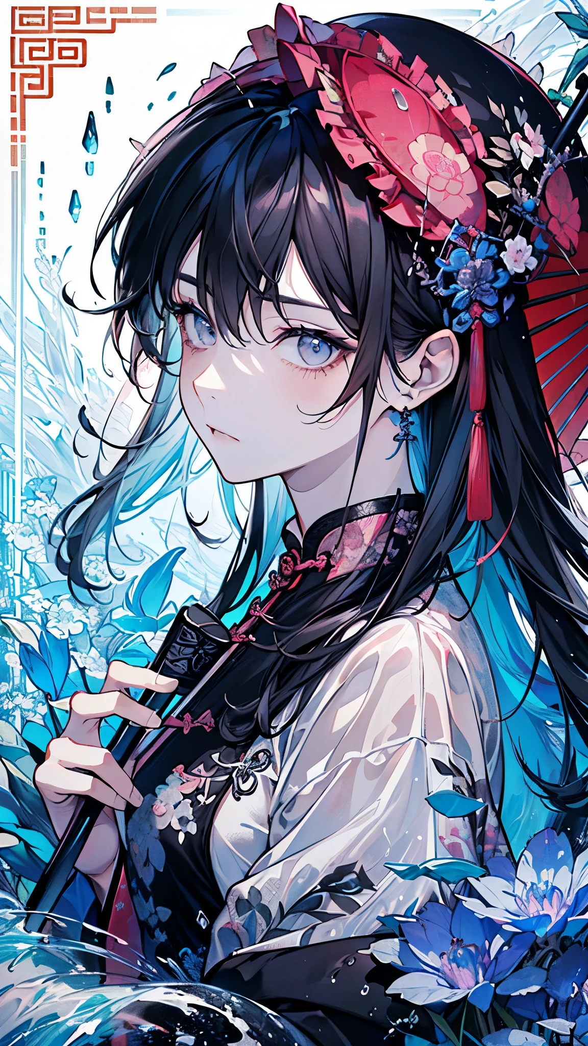 ((Girl)),(Black Hair:1.3),(Long hair:1.3),(Chinese single layer clothing:1.45),(blue、Pink and gray),Close-up of face:1.0,(rain:1.2),(Spider lilies々:1.2),(calm countenance:1.2),(Japanese umbrella:1.3),((high quality:1.2)),((Beautiful images:1.2)),((Perfect graphics:1.2))