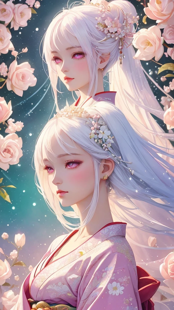 Dazzling colorful lights,Intricate details,Face close-up,Pale pink eyes and white hair with crystal details,Beautiful woman,White flowers in her hair,Pale skin,Light background,Fantasy art style,Fantastic illustrations of Kawashi,pastel colour,Inspired by anime aesthetics,Ethereal Light,Fantasy Style,clavicle,Exposed shoulders,Floating Feather,Shining in a variety of colors,In anime style.,Side angle of view,Ultra-high resolution,Textured skin,Attention to detail,Highest quality,Highest quality,front、Look forward、stare、Wearing a kimono