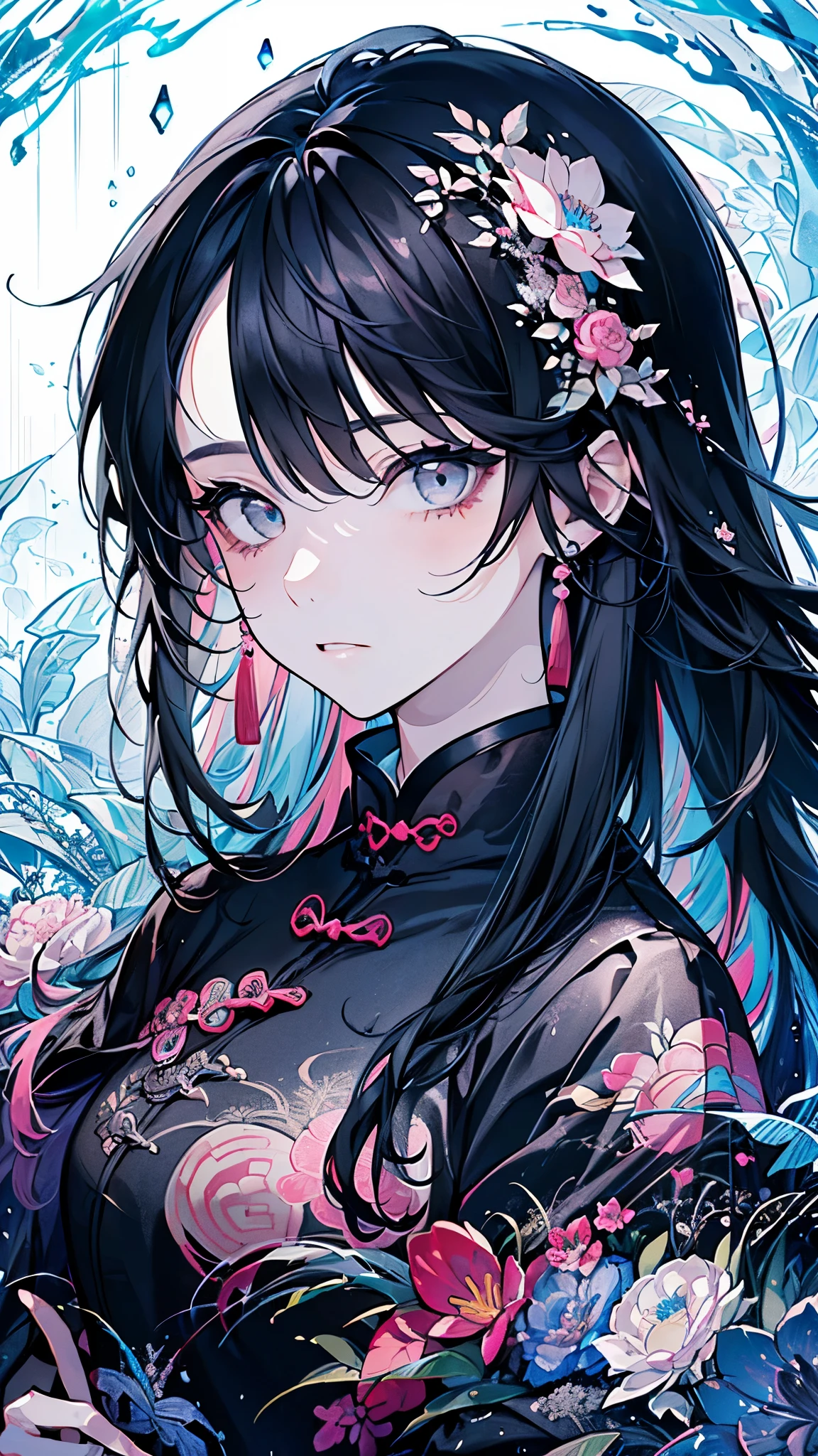 ((Girl)),(Black Hair:1.3),(Long hair:1.3),(Chinese single layer clothing:1.45),(blue、Pink and gray),Close-up of face:1.0,(rain:1.2),(Spider lilies々:1.2),(calm countenance:1.2),(Japanese umbrella:1.3),((high quality:1.2)),((Beautiful images:1.2)),((Perfect graphics:1.2))