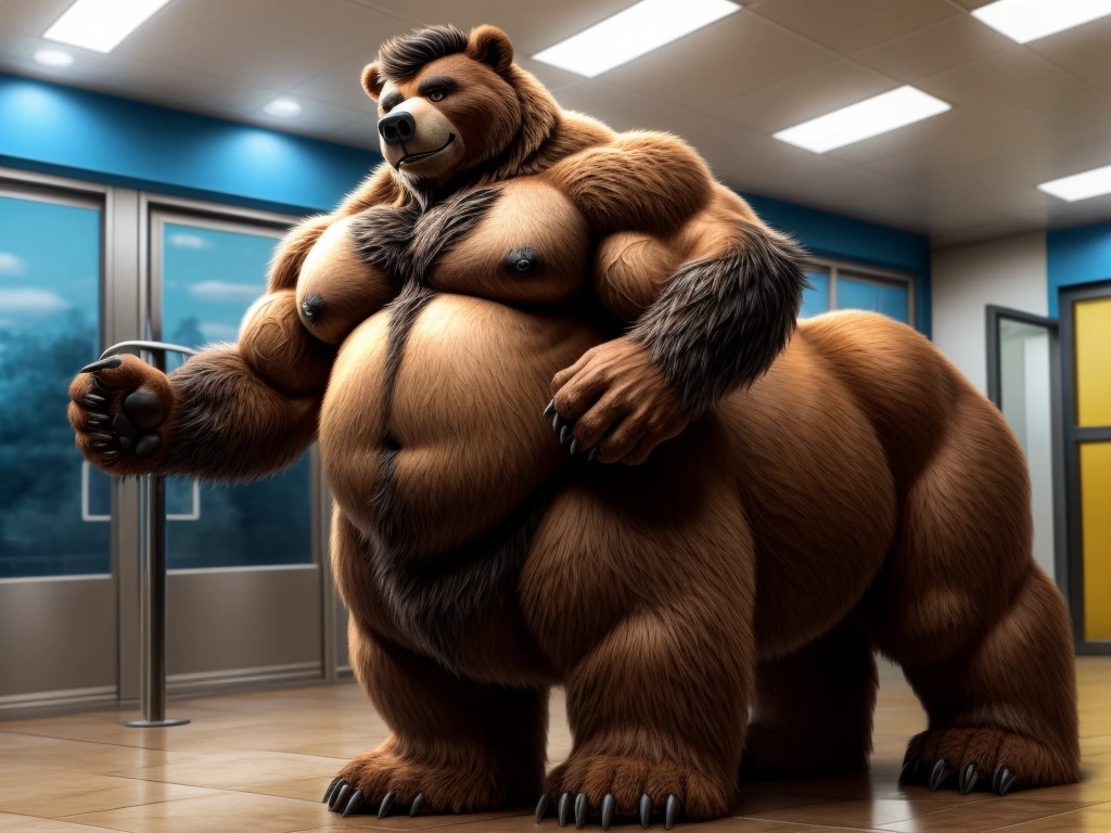 furry, fur taur, huge bear, beartaur, middle-age, solo,1man, detailed face, bear ears, bear eyes(green), bear nose(black), bear mouth, garibaldi beard(grey), hair, mature hair(grey), detailed arm, thick arm, forearm hair, muscular, thick hands(5 fingers), thick claws, detailed body belly, thick body, brown skin, muscle belly(white), thick chest, chest hair(white), nipples, detailed taur body, thick taur body, waist hair, thick bear paws, bear paws hair, thick bear claws, thick bear tail, bear tail, full body shot, standing in the service station