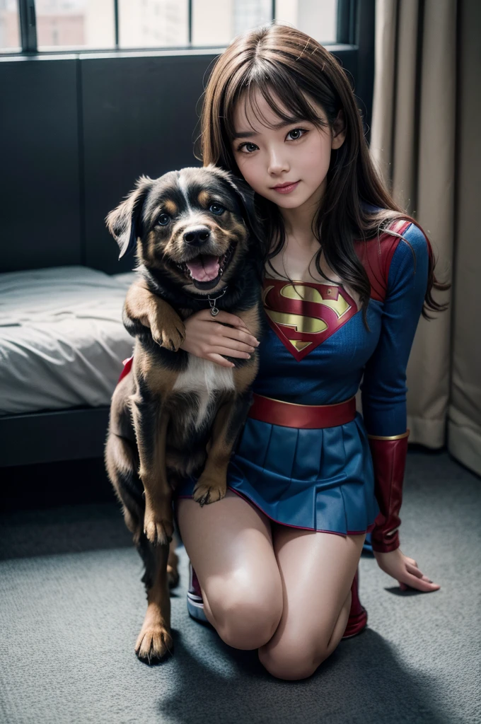 Super girl mini skirt 4k hd holding a famous dog and petting it, while photographers take photos