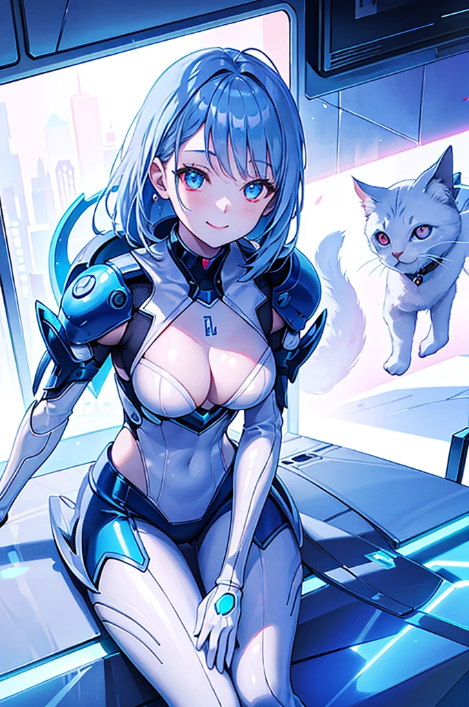 Super detailed、Virtual Woman, Blue shorthair, Shiny Hair, Glowing Eyes:0.5, Slim, White Kitten, v Arms, Leaning forward, A radiant smile, Shining Eyes, Futuristic