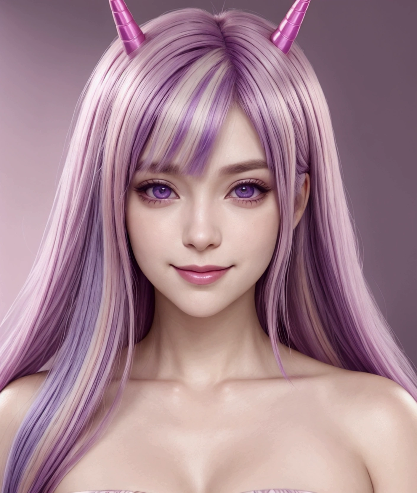 light smile, purple hair with pink highlights , unicorn horn , pink eyes and horn , purple fringe with pink streak, light purple skin, olhos cor de rosa twilight sparkle