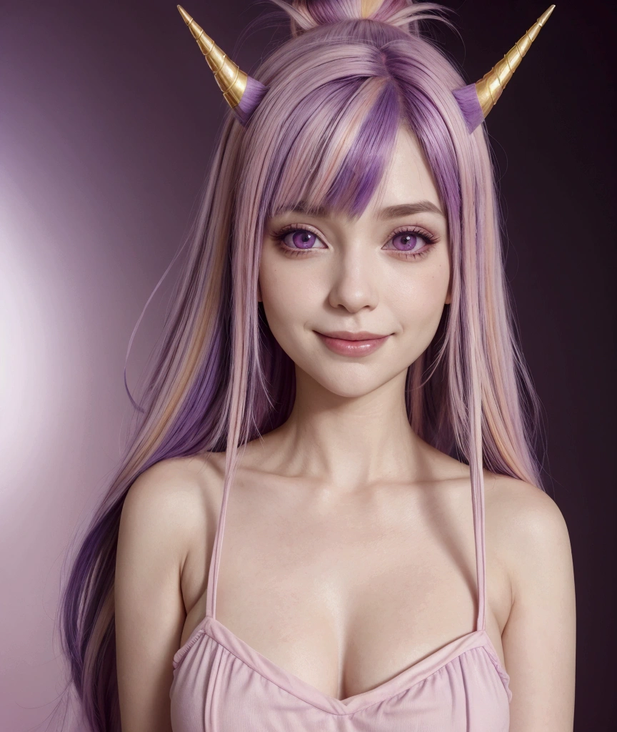 light smile, purple hair with pink highlights , unicorn horn , pink eyes and horn , purple fringe with pink streak, light purple skin, olhos cor de rosa twilight sparkle