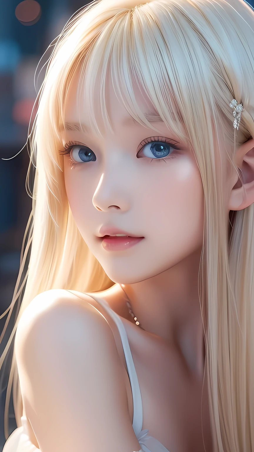8k,Highest quality,The real picture,Intricate details,超A high resolution,Depth Field,Masseter muscle area,Natural soft light,Professional Lighting,One 15-year-old girl,(cute:1.2),(Gothic Fashion),Bright expression,Young shiny glossy white glossy skin,The ultimate beauty,The ultimate beautiful blonde girl,The most beautiful platinum blonde hair in the world,Shiny light blonde hair,Long silky blonde hair,Shiny beautiful bangs,Sparkling, clear, attractive, very bright cream white ice blue eyes,Very beautiful, lovely, cute1, beautiful blonde girl with a baby face、Blond hair blowing in the wind、Off the shoulder、Small Face Beauty、Round face