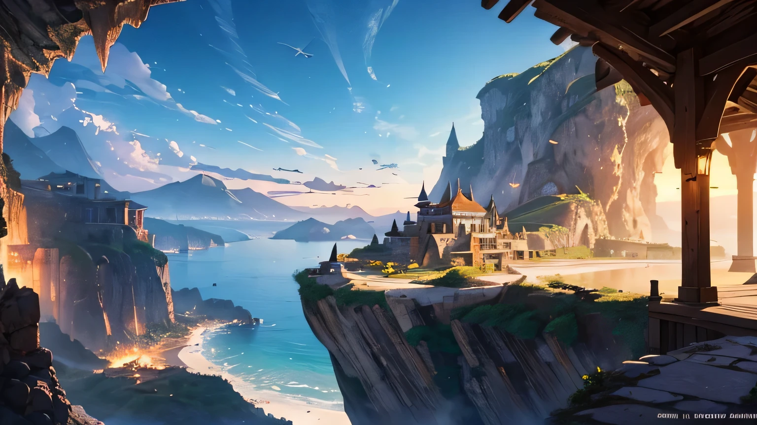 middle ages風、beach、high resolution、8k、Fantasy World、Volumetric lighting、Realistic、Cinema Lighting、cave、City on the cliff、Steampunk World、middle ages、Sunset、Warm lighting、stone bridge、Building adjacent to the mountain、