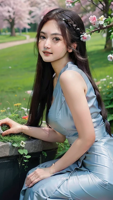 (best quality,4k,8k,highres,masterpiece:1.2),ultra-detailed,(realistic,photorealistic,photo-realistic:1.37),HDR,UHD,studio lighting,ultra-fine painting,sharp focus,physically-based rendering,extreme detail description,professional,vivid colors,bokeh,portrait,beautiful detailed eyes,beautiful detailed lips,extremely detailed eyes and face,longeyelashes,a glamorous woman with braids hairstyle,smiling,dimples,a white dress,posing,colorful flowers garden,a cherry tree,a stream