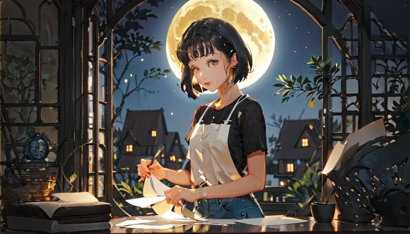 (((How to cut paper))), 1 girl, short black hair, Bob, Shirts and denim, portfolio, Full moon illuminating the background