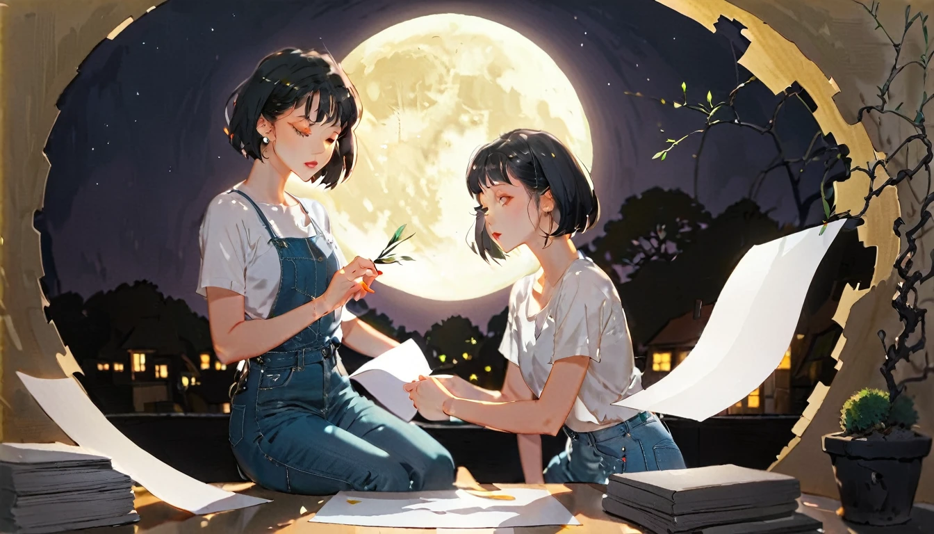 (((How to cut paper))), 1 girl, short black hair, Bob, Shirts and denim, portfolio, Full moon illuminating the background