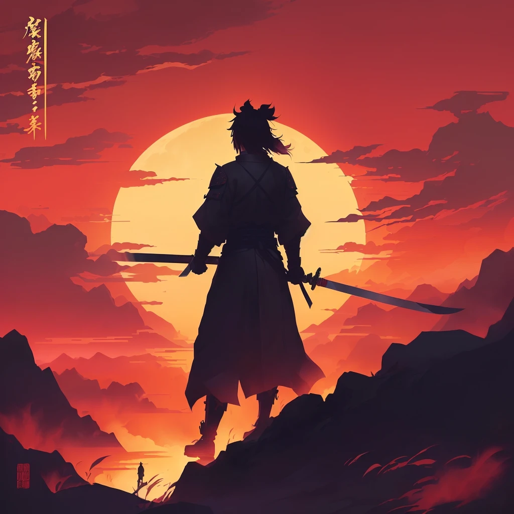 Samurai anime style illustration, standing on a hill with a sword, inspired by Kano Hogai, The Samurai Man, tramp, cool anime 8k, full body All, Demon Slayer art style, Ian J., anime epic work of art, All, Makoto Shinkai, Sengoku - artistic style of the era, Demon Slayer Rui, fanart