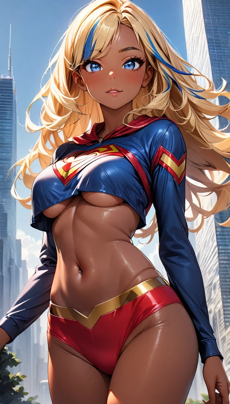 (highest quality:1.2, Very detailed, up to date, Vibrant, Ultra-high resolution, High Contrast, masterpiece:1.2, highest quality, Best aesthetics), Portraiture、girl、slim, Bright colors、Beautiful fine details、Beautiful lip detail、long hair, ((wavy hair:0.4))、messy hair, blonde and blue ((streaked hair:1.3)), highlights hair: 1.3, (medium breast:1), (tan skin:1.3), Supergirl, (under boob:1), (crop top navel:1.6), Flying in the sky with skyscrapers in the background during the daytime, (cowboy shot:1.2),