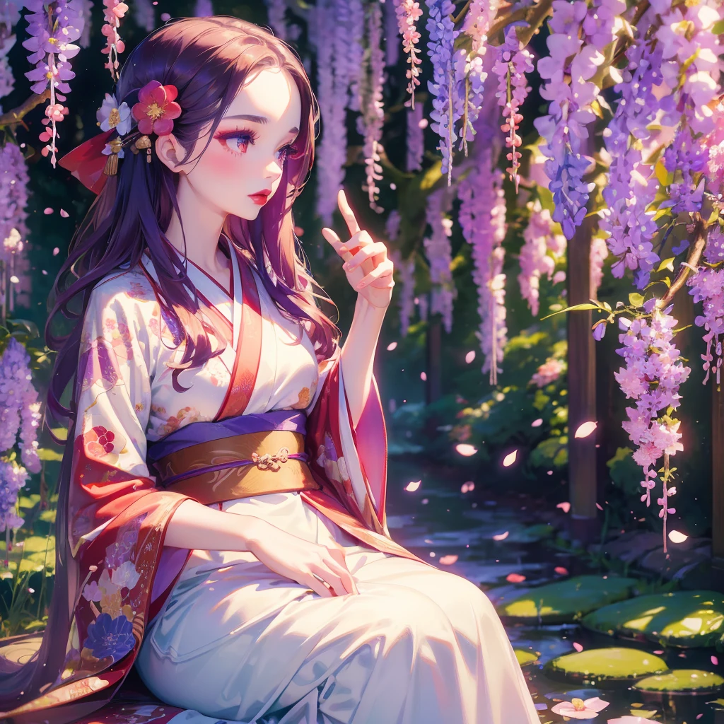 portrait of 1 beautiful geisha in the wisteria forest wavy hair, pale skin, makeup, red lips, sitting, kissing flowers, , kimono, hanfu, floral print, (Beautifully Aesthetic:1.2),field, wisteria, peace, tranquility, serenity, petals