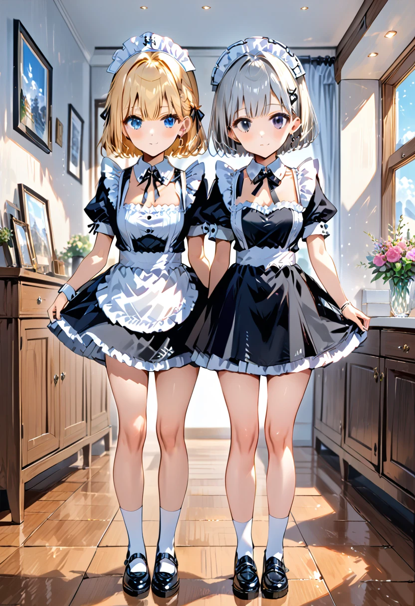 Masterpiece, High quality, 4K, HDR,,
two cute slender girls, full body, 
one with silver short hair other one with blond short hair,
one with black eyes other one with blue eyes,
one wearing mini-skirt bule maid dress other one wearing gothic maid,
white background,