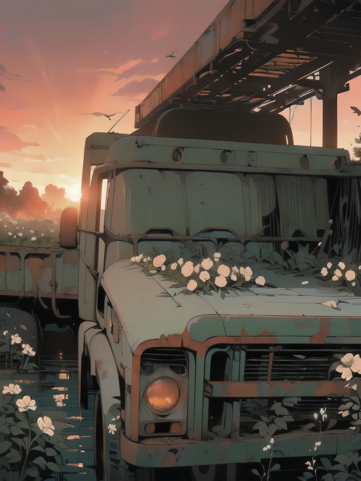 (((Masterpiece, Top Quality))), (((32K wallpaper))), detailed machinery, abandoned factory, stairwell, (((white flower field))), (((rusty white heavy truck))), gorgeous light leak, (((backlit))), detailed background, top quality, (((no humans))), collapsed heavy machinery, complex heavy machinery, pale lighting, (((very dull color )))), (((detailed rusty heavy truck))), (((lots of white flowers falling))), (((flowers growing out of rusty heavy truck))), (((lots of butterflies))), (((abandoned garage))), (((submerged))), (((waterfall falling from ceiling))), (((waterfall on heavy truck)))), (((( Bright red sunset))), (((detailed waterfall and water))), (((close up of heavy truck))