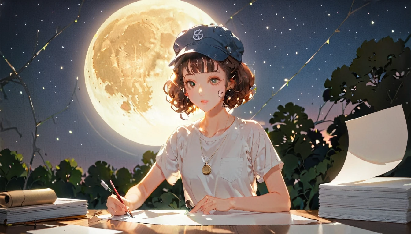 (((How to cut paper))), 1 girl, Short brown curly hair, cap, Shirts and denim, portfolio, A huge full moon lights up the background