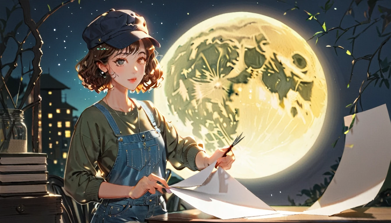 (((How to cut paper))), 1 girl, Short brown curly hair, cap, Shirts and denim, portfolio, A huge full moon lights up the background