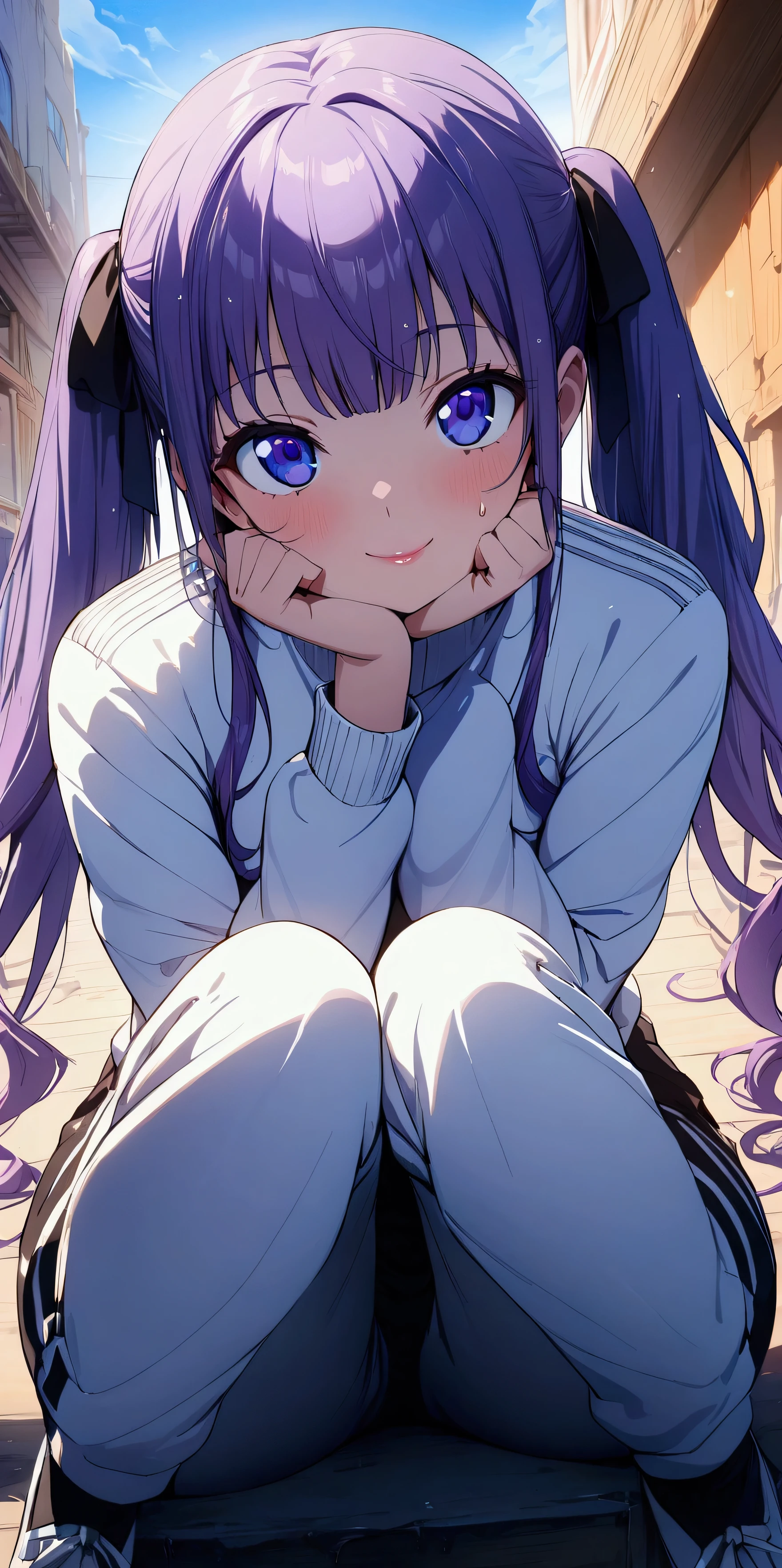 (Highest quality:1.2, 4K, 8k, Studio Anime, Very detailed, up to date, Vibrant, Attention to detail, High Contrast, masterpiece:1.2, Highest quality, Best aesthetics), (((1 girl))), Sit and pose, Purple Hair,Twin tails、Straight hair、Large, round eyes, smile, (beautiful girl: 1.3), Looks about 15 years old、(((Sweat pants))), (Track jacket: 1.2), Rear view、The sunset is dazzling when you enter the waterway..、Wet、Focus on the very big things, Round and beautifully shaped butt,smile、Dynamic Angle, look up:1.3, Friendly atmosphere, Beautiful Hair, Shiny Hair, Beautiful Skin, Detailed face and eyes, Glossy Lips, Curvy Women, Striking contrast,