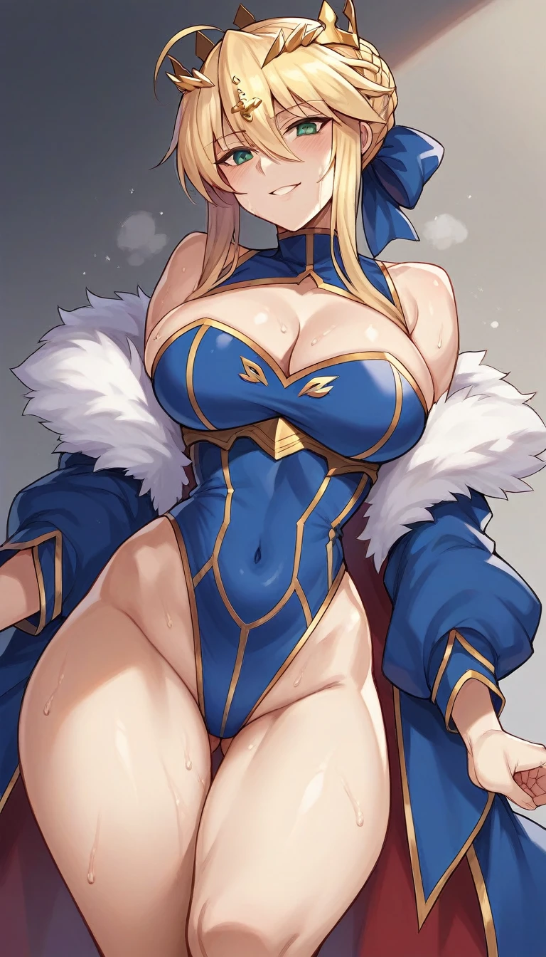 1 girl, Artoria Pendragon lancer (fate grand order), cleavage, bare shoulders, thighs, hips, sweat drop, very sweaty, looking at viewers, smiling, from below