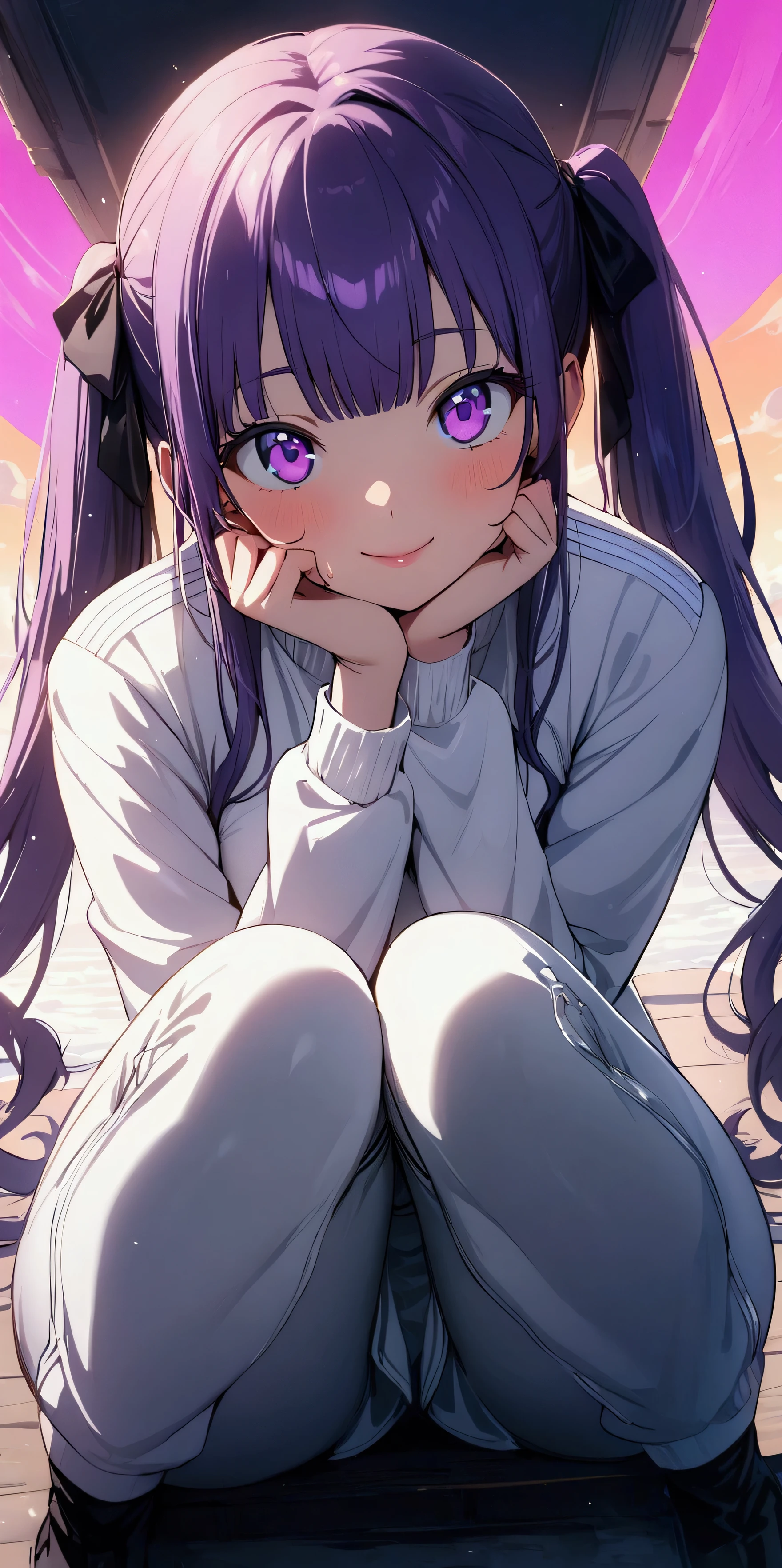 (Highest quality:1.2, 4K, 8k, Studio Anime, Very detailed, up to date, Vibrant, Attention to detail, High Contrast, masterpiece:1.2, Highest quality, Best aesthetics), (((1 girl))), Sit and pose, Purple Hair,Twin tails、Straight hair、Large, round eyes, smile, (beautiful girl: 1.3), Looks about 、(Sweat pants), (Track jacket 1.2), (((zettai ryouiki)))Rear view、The sunset is dazzling when you enter the waterway..、Wet、Focus on the very big things, Round and beautifully shaped butt,smile、Dynamic Angle, look up:1.3, Friendly atmosphere, Beautiful Hair, Shiny Hair, Beautiful Skin, Detailed face and eyes, Glossy Lips, Curvy Women, Striking contrast,