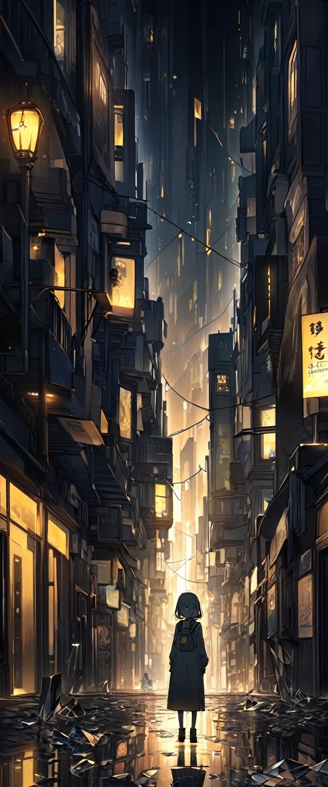 “A quiet, empty city street at night with dim streetlights casting a soft glow. A lone figure, representing a Vocaloid character, stands in the middle of the street looking forlorn. The scene is filled with a sense of melancholy and nostalgia. The figure is illuminated by a gentle light from a nearby streetlamp, surrounded by faint reflections of shattered glass pieces. The overall color scheme is deep blues and blacks with hints of warm yellow light, creating a contrast between darkness and hope. The background shows tall, shadowy buildings fading into the night sky.”