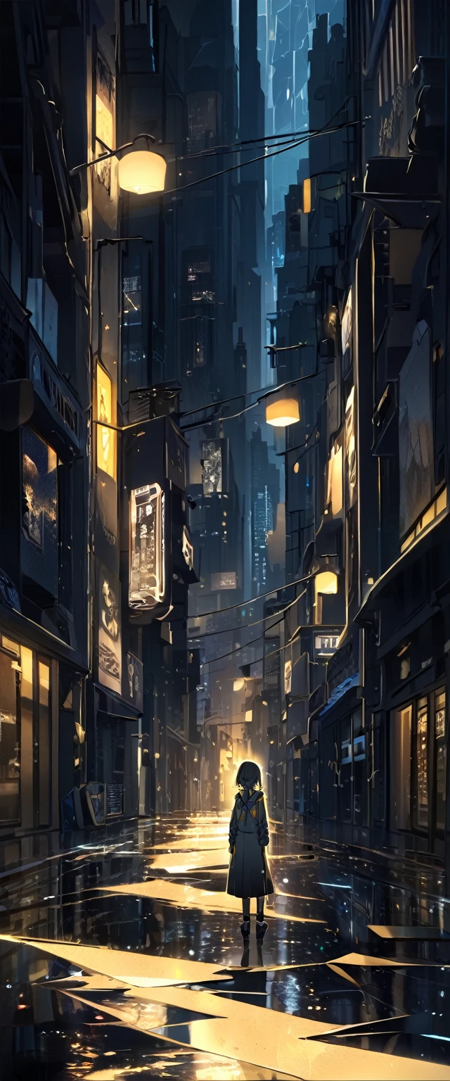 “A quiet, empty city street at night with dim streetlights casting a soft glow. A lone figure, representing a Vocaloid character, stands in the middle of the street looking forlorn. The scene is filled with a sense of melancholy and nostalgia. The figure is illuminated by a gentle light from a nearby streetlamp, surrounded by faint reflections of shattered glass pieces. The overall color scheme is deep blues and blacks with hints of warm yellow light, creating a contrast between darkness and hope. The background shows tall, shadowy buildings fading into the night sky.”