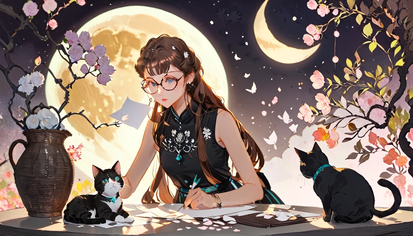 How to cut paper, One girl and one cat, Long brown hair, Curly Hair, Sleeveless shirt and black skirt, moon, Glasses
