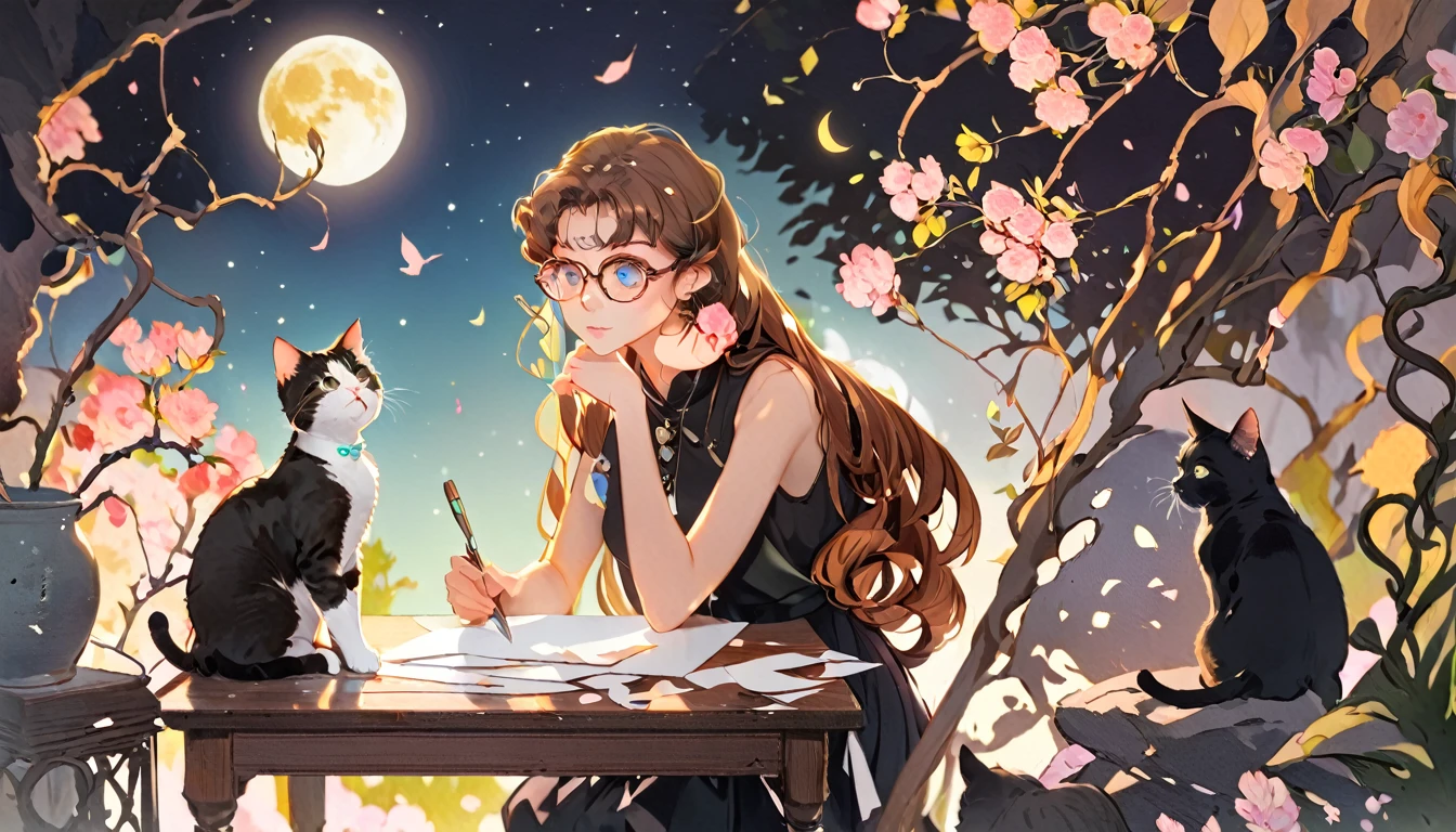 How to cut paper, One girl and one cat, Long brown hair, Curly Hair, Sleeveless shirt and black skirt, moon, Glasses