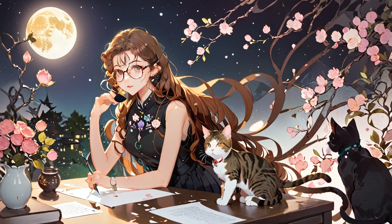 How to cut paper, One girl and one cat, Long brown hair, Curly Hair, Sleeveless shirt and black skirt, moon, Glasses